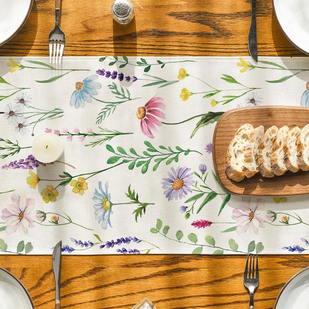Wildflowers Floral Eucalyptus Spring Table Runner, Seasonal Summer Kitchen Dining Table Decoration for Home V1258-DP02-B-1677