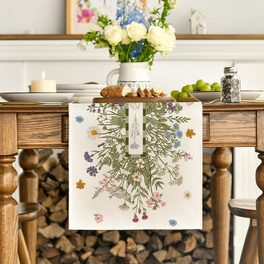 Vintage Wildflowers Daisy Spring Table Runner,Seasonal Summer Floral Kitchen Dining Table Decoration for Home V1258-DP02-B-1678