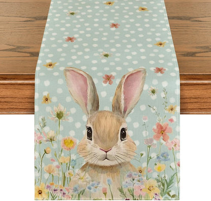 Bunny Rabbit Floral Polka Dot Happy Easter Table Runner,Seasonal Spring Kitchen Dining Table Decoration for V1258-DP02-B-1679