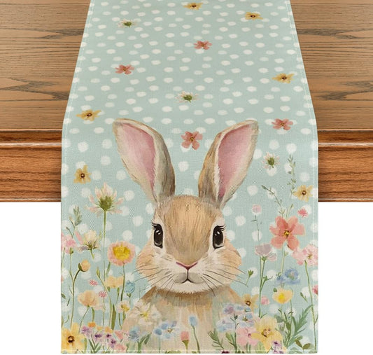 Bunny Rabbit Floral Polka Dot Happy Easter Table Runner,Seasonal Spring Kitchen Dining Table Decoration for V1258-DP02-B-1679