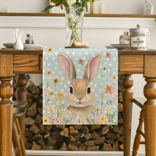 Bunny Rabbit Floral Polka Dot Happy Easter Table Runner,Seasonal Spring Kitchen Dining Table Decoration for V1258-DP02-B-1679