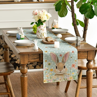 Bunny Rabbit Floral Polka Dot Happy Easter Table Runner,Seasonal Spring Kitchen Dining Table Decoration for V1258-DP02-B-1679