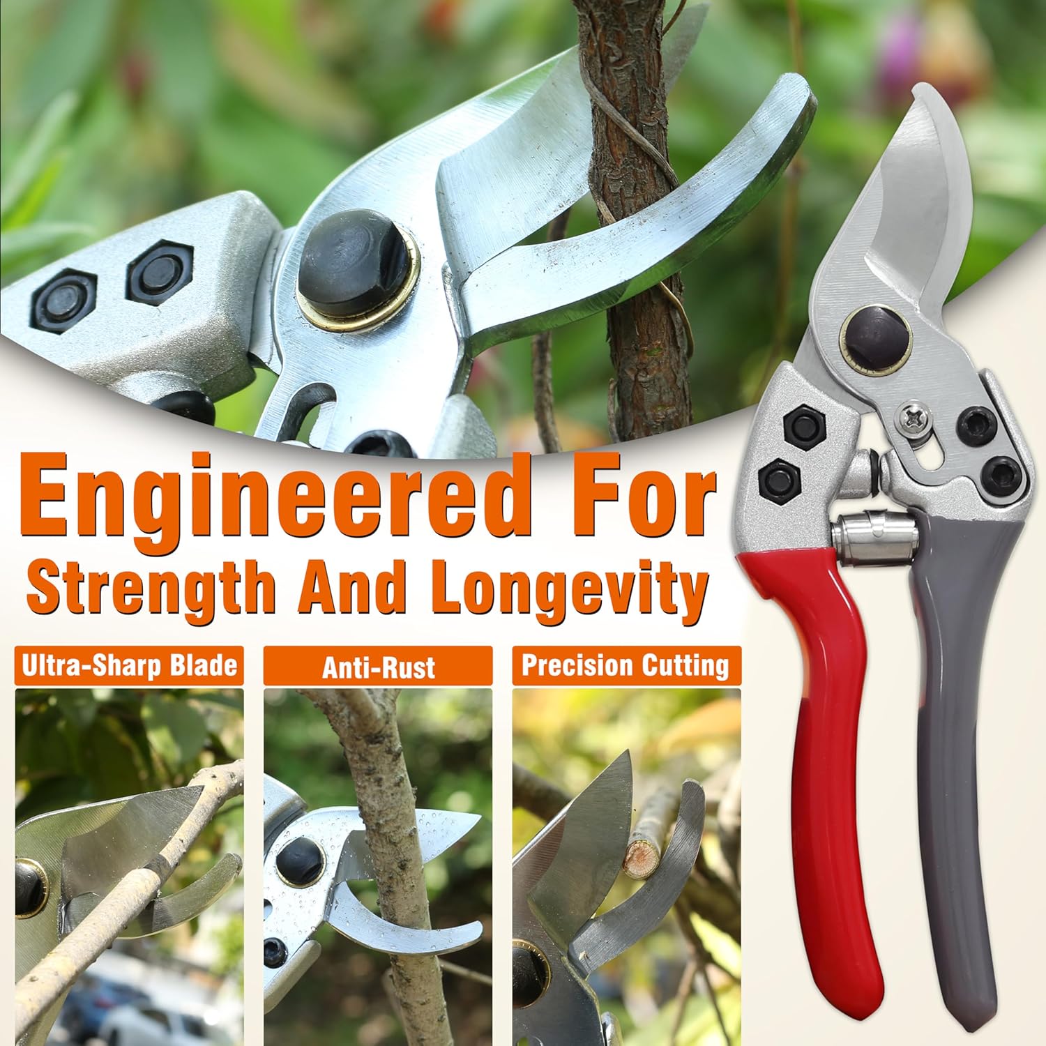 8" Bypass Prunning Shear Garden Scissors, SK5 Sharp Precision Cut Steel Blade Pruner, Blade Lock V1258-DP02-B-170