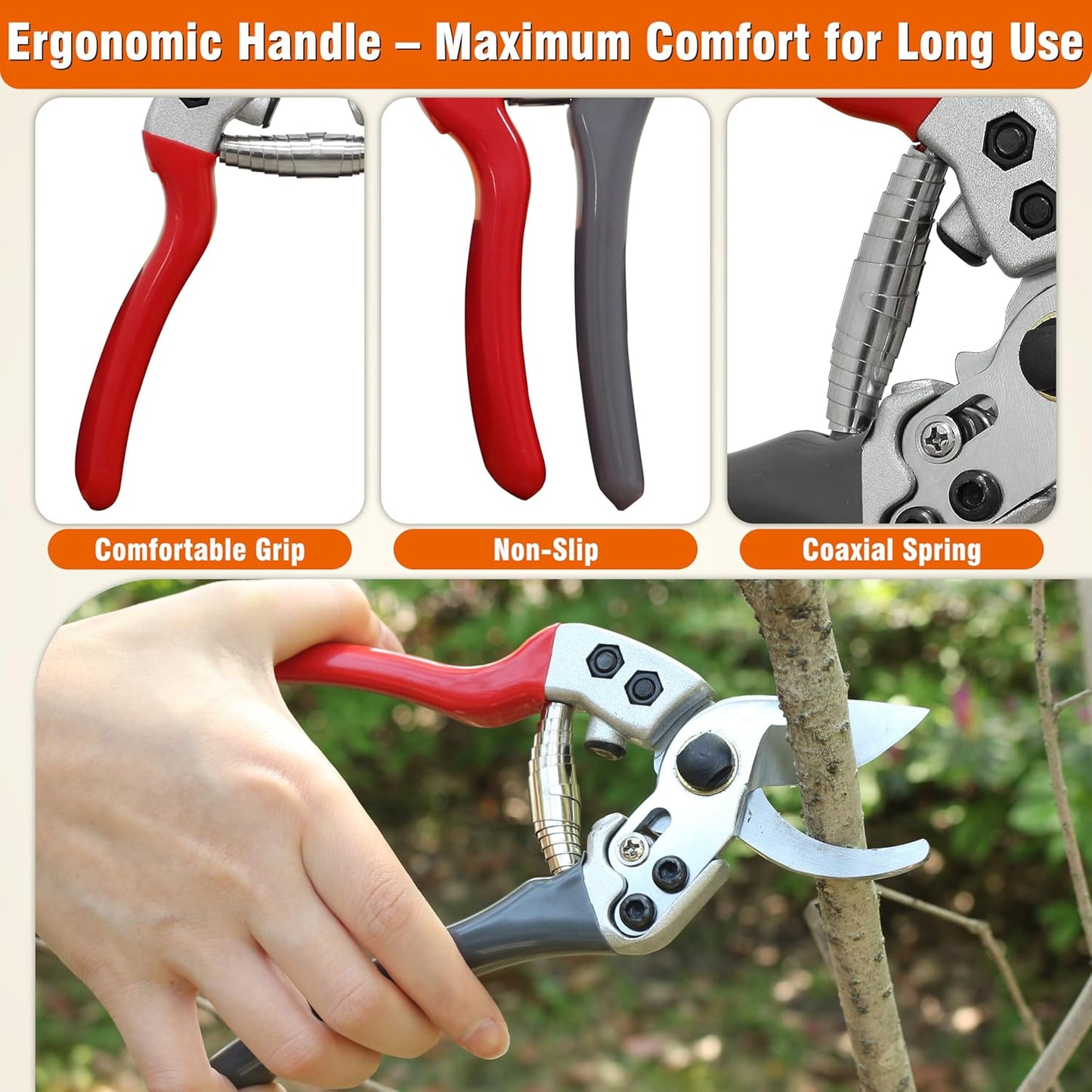 8" Bypass Prunning Shear Garden Scissors, SK5 Sharp Precision Cut Steel Blade Pruner, Blade Lock V1258-DP02-B-170
