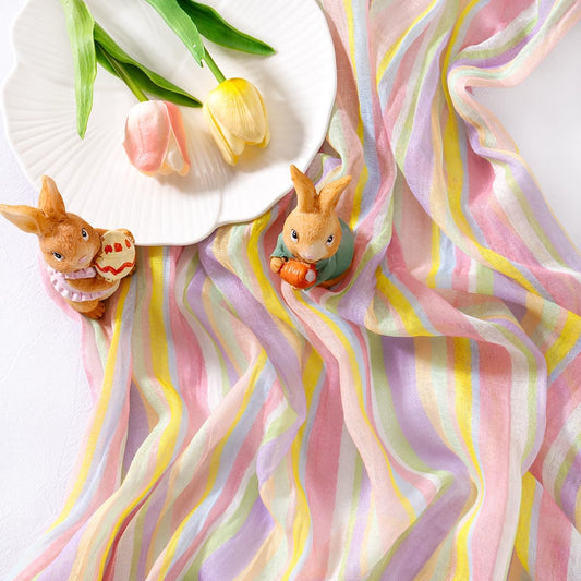 Easter Spring Table Runner Pastel Stripe Floral Cheesecloth Gauze 120 Inch Rustic Boho Cheese Cloth Runner V1258-DP02-B-1702