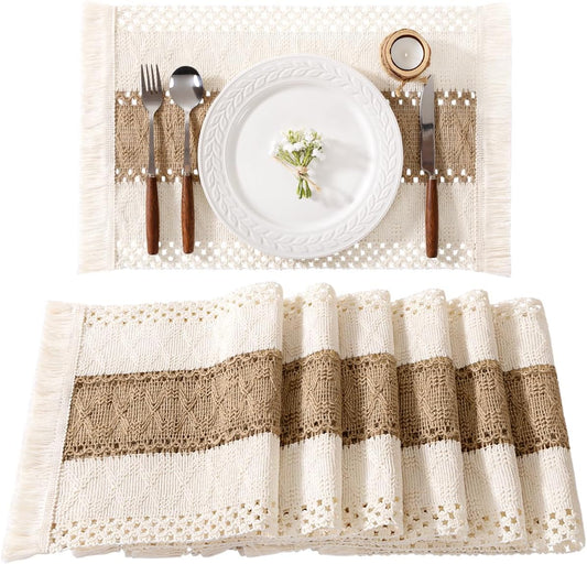 Boho Placemats Set of 6 Washable Cotton Burlap Farmhouse Table Mats Macrame Woven Dinner Table Decor V1258-DP02-B-1705