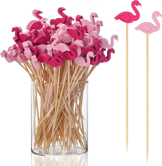 100 Pack Flamingo Toothpicks for Appetizers, 4.7 Inch Natural Bamboo Cocktail Picks for Cake Dessert Food V1258-DP02-B-1708