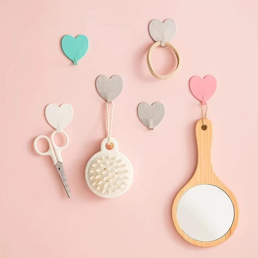 6 Pack Heart Shaped Decorative Wall Hooks, Stainless Steel Strong Adhesive Wall Hook for Home Kitchen V1258-DP02-B-1709