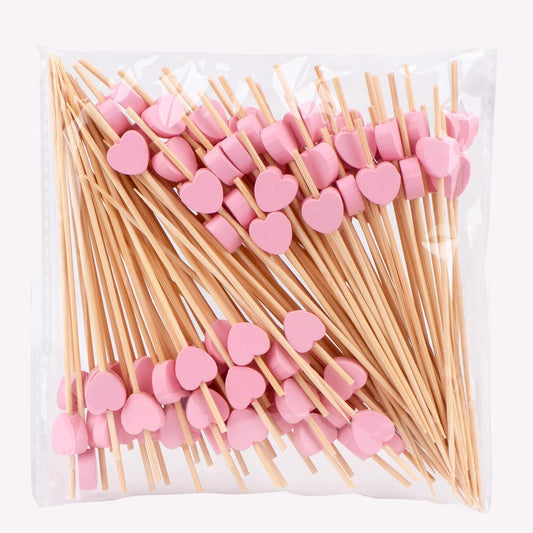 100 Pack Fruit Toothpicks, Heart-Shaped Bamboo Cocktail Picks, Natural Bamboo Toothpicks for Appetizers Fruit V1258-DP02-B-1710