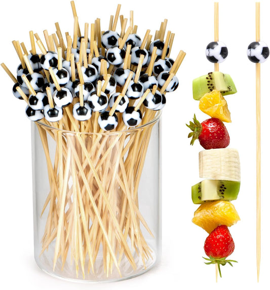 100 Pcs Soccer Toothpicks for Appetizers, 4.7 Inch Football Cocktail Picks for Party Decoration, Bamboo V1258-DP02-B-1715