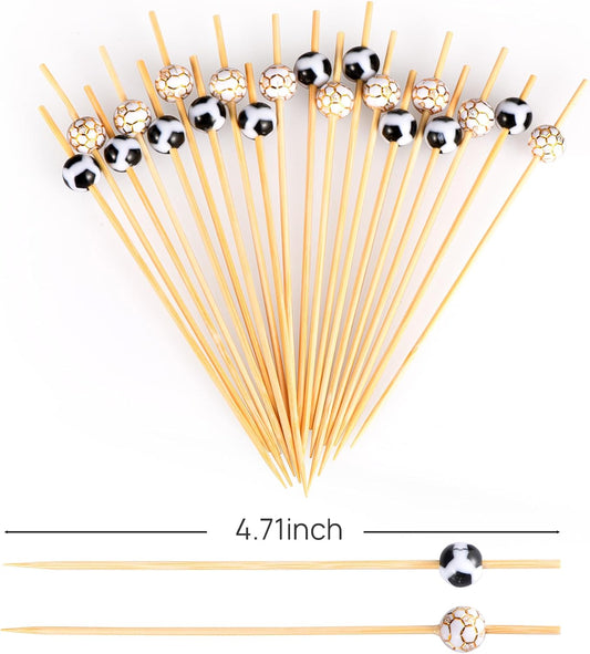 100 Pcs Soccer Toothpicks for Appetizers, 4.7 Inch Football Cocktail Picks for Party Decoration, Bamboo V1258-DP02-B-1715