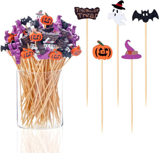 100 Pack Halloween Toothpicks for Appetizers, 4.7 Inch Natural Bamboo Cocktail Picks for Cake Dessert Food V1258-DP02-B-1717