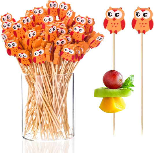 100 Pack Owl Toothpicks for Appetizers, 4.7 Inch Natural Bamboo Cocktail Picks for Cake Dessert Food Picks V1258-DP02-B-1718