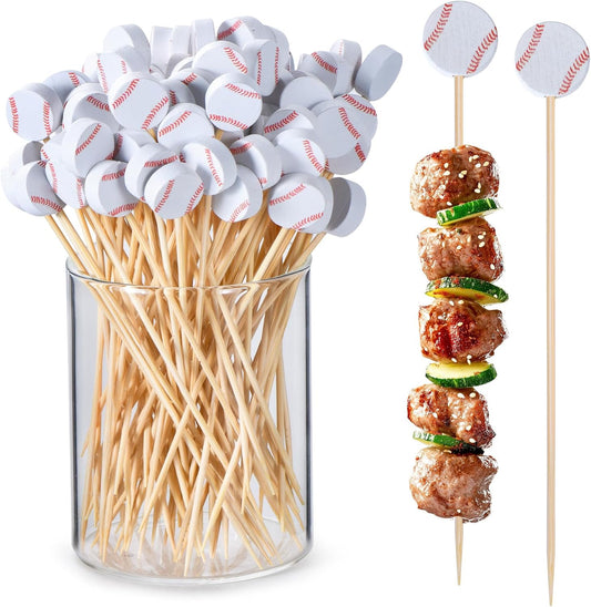 100 Pack Baseball Toothpicks, 4.7 Inch Bamboo Cocktail Picks, Bamboo Toothpicks for Sports Catered Event V1258-DP02-B-1719