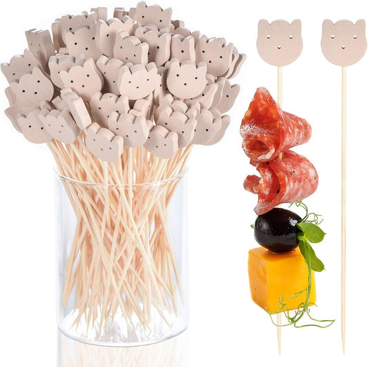 100 Pcs Fancy Toothpicks for Appetizers, 4.7 Inch Bear Face Cocktail Picks for Party Decoration, Bamboo V1258-DP02-B-1723