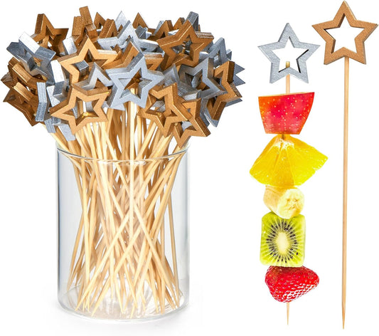 100 Pack Star Toothpicks for Appetizers, 5.5 Inch Natural Bamboo Cocktail Picks for Cake Dessert Food Fruit V1258-DP02-B-1724