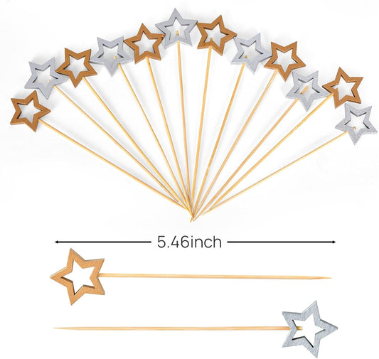 100 Pack Star Toothpicks for Appetizers, 5.5 Inch Natural Bamboo Cocktail Picks for Cake Dessert Food Fruit V1258-DP02-B-1724
