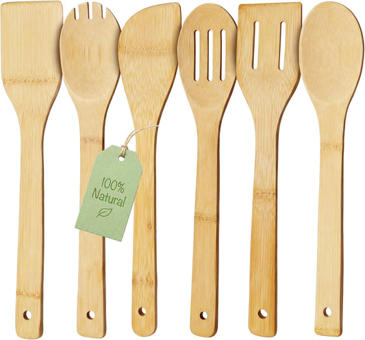 Bamboo Wooden Spoons for Cooking 6-Piece, Nonstick Bamboo Kitchen Utensils Set Wood Spatulas Spoons for Daily V1258-DP02-B-1756