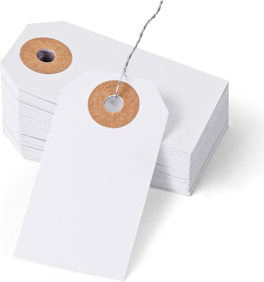 Blank Pricing Tags with Wire, 100 PCS Manila Shipping Tags 2 3/4" x 1 3/8", Blank Wire Labels for Garage V1258-DP02-B-1764