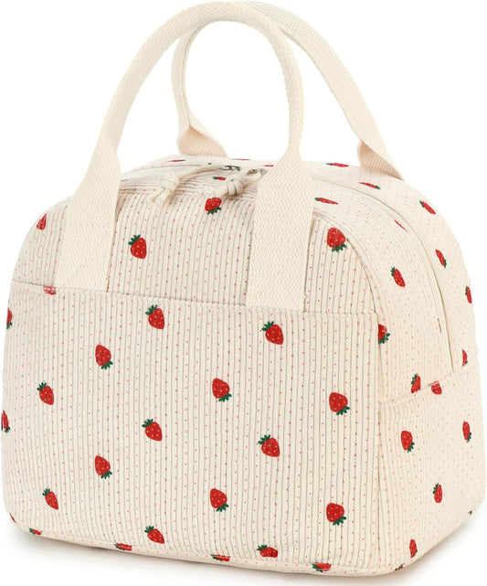 Insulated Straerry Lunch Bag for Women, Stylish Corduroy Tote with Aluminum Lining, Large Capacity Reusable V1258-DP02-B-1776