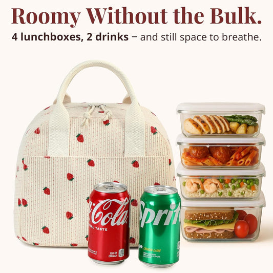 Insulated Straerry Lunch Bag for Women, Stylish Corduroy Tote with Aluminum Lining, Large Capacity Reusable V1258-DP02-B-1776
