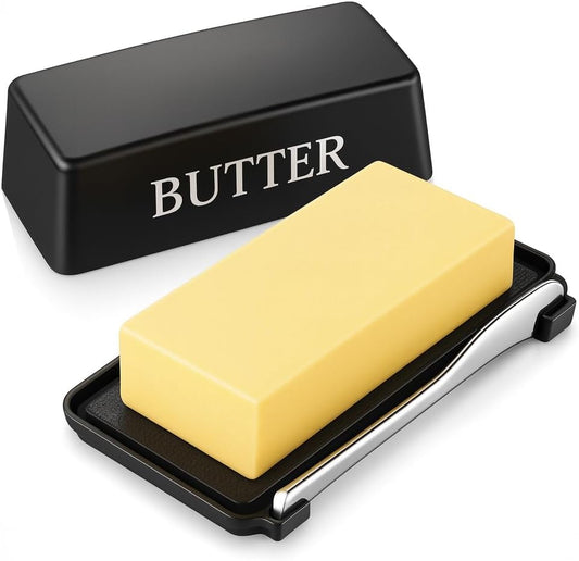 Butter Dish With Cover And Knife,Food Grade Plastic Butter Holder With Lid For Countertop,Black Dishwasher V1258-DP02-B-1786