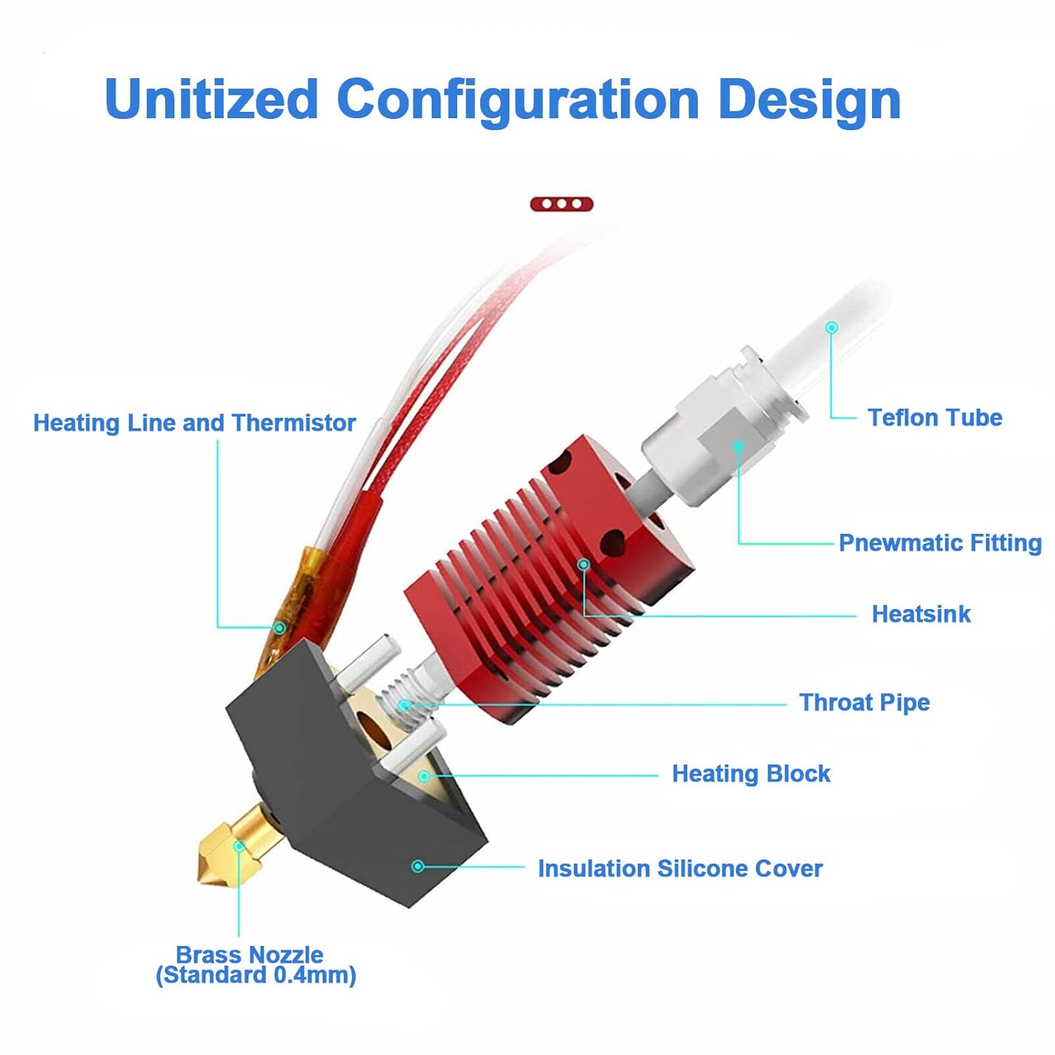 Extruder Heater Hot End Kit, Assembled MK8 Extruder Hot end Kit with 0.4mm Nozzle Silicon Sock Compatible V1258-DP02-B-179
