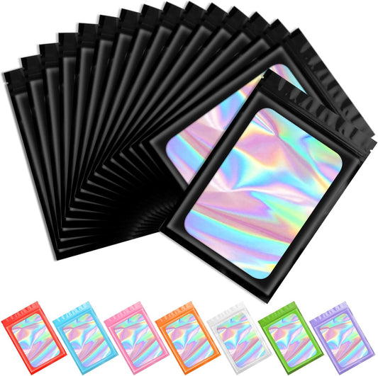 100 pcs Black Mylar Holographic Bags Packaging Bags,Clear Resealable Bag Foil Pouch Bag for Food Storage and V1258-DP02-B-1791