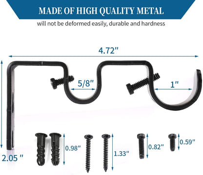 Heavy Duty Double Curtain Rod Brackets, 1" & 5/8" Inch Rod Holders (Set of 2, Black) V1258-DP02-B-1801