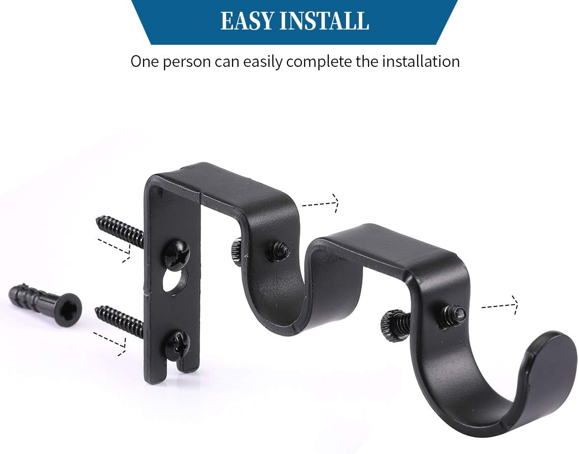 Heavy Duty Double Curtain Rod Brackets, 1" & 5/8" Inch Rod Holders (Set of 2, Black) V1258-DP02-B-1801
