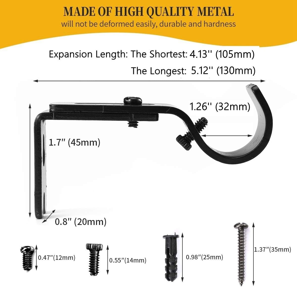 Heavy Duty Adjustable Curtain Rod Brackets and Holders - For 1 1/8 Inch & 1 1/4 Inch Rod, 2 PCS Black V1258-DP02-B-1802