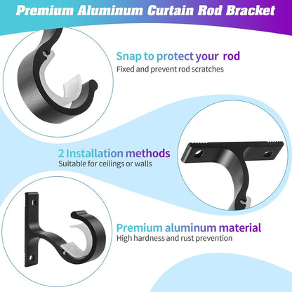 Ceiling Mount & Wall Installation Curtain Rod Brackets Holders for 1 Inch Rod, Black (Set of 2, Black) V1258-DP02-B-1803