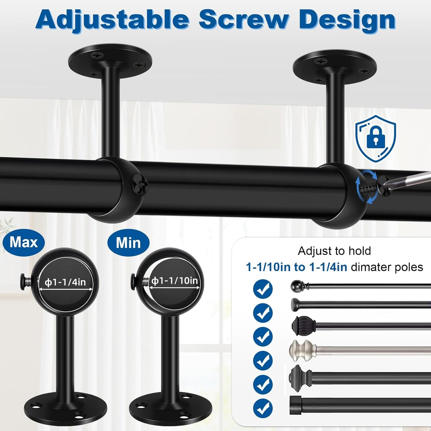 Curtain Rod Brackets, Ceiling Heavy Duty Holders, Black 4 Pack Hooks Hangers for 1 1/4-Inch Drape Poles V1258-DP02-B-1805
