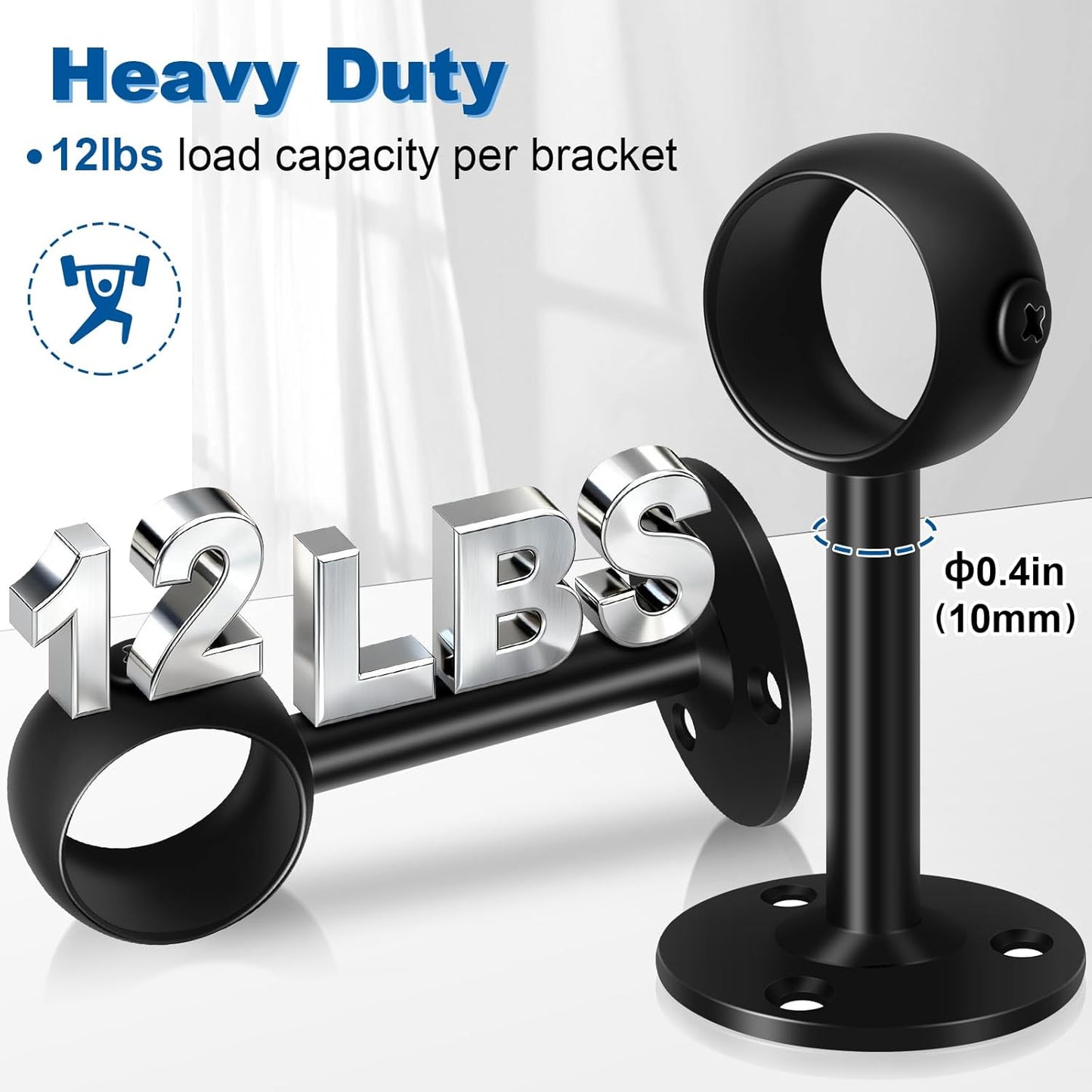 Curtain Rod Brackets, Ceiling Heavy Duty Holders, Black 4 Pack Hooks Hangers for 1 1/4-Inch Drape Poles V1258-DP02-B-1805