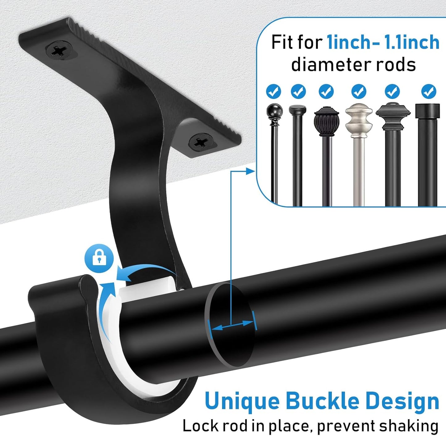 Ceiling Curtain Rod Bracket, 1 Inch Heavy Duty Curtain Rod Holders Brackets, 4 Pack Black Ceiling Hooks V1258-DP02-B-1809
