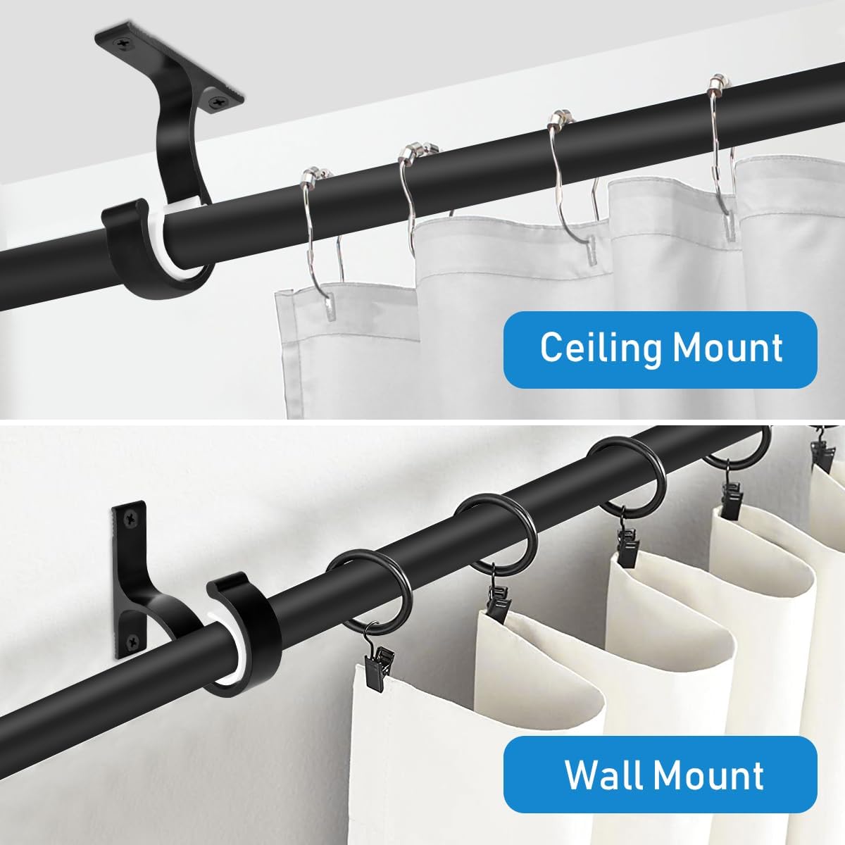 Ceiling Curtain Rod Bracket, 1 Inch Heavy Duty Curtain Rod Holders Brackets, 4 Pack Black Ceiling Hooks V1258-DP02-B-1809
