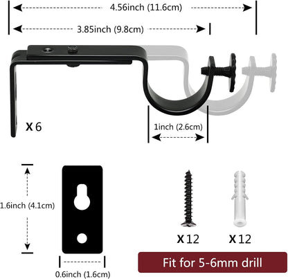 Adjustable Curtain Rod Bracket - 1 Inch Black Heavy Duty Hooks 6 Pack Hardware Extender Drapery Pole Holder V1258-DP02-B-1811