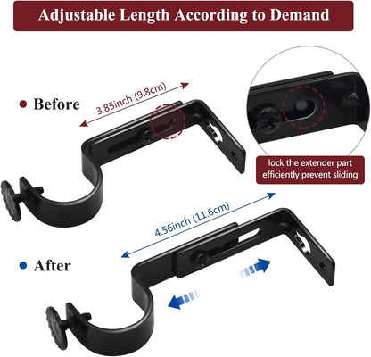 Adjustable Curtain Rod Bracket - 1 Inch Black Heavy Duty Hooks 6 Pack Hardware Extender Drapery Pole Holder V1258-DP02-B-1811