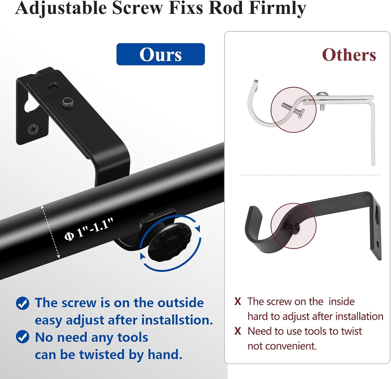 Adjustable Curtain Rod Bracket - 1 Inch Black Heavy Duty Hooks 6 Pack Hardware Extender Drapery Pole Holder V1258-DP02-B-1811