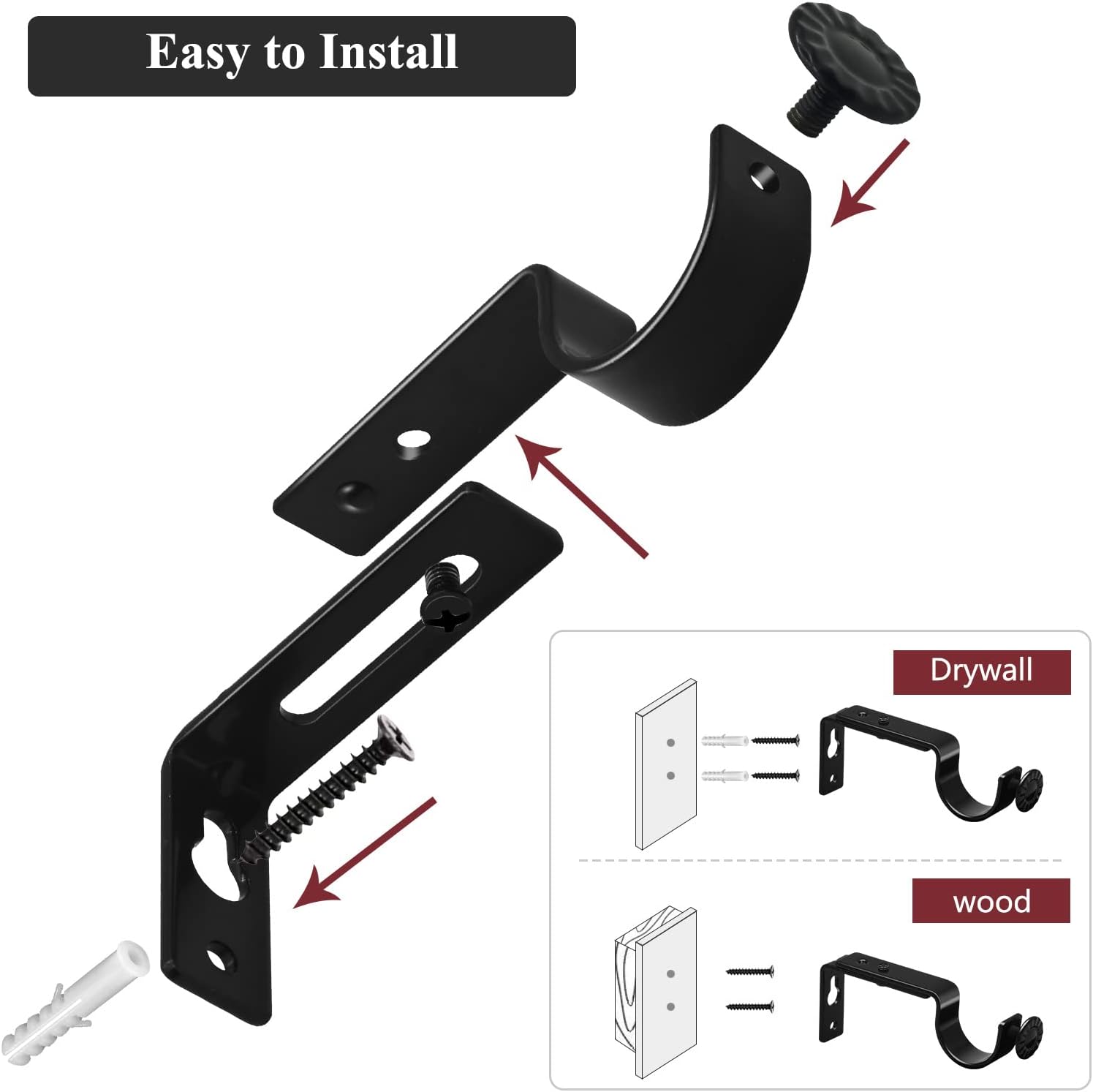 Adjustable Curtain Rod Bracket - 1 Inch Black Heavy Duty Hooks 6 Pack Hardware Extender Drapery Pole Holder V1258-DP02-B-1811