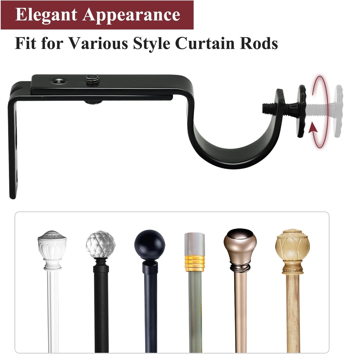 Adjustable Curtain Rod Bracket - 1 Inch Black Heavy Duty Hooks 6 Pack Hardware Extender Drapery Pole Holder V1258-DP02-B-1811