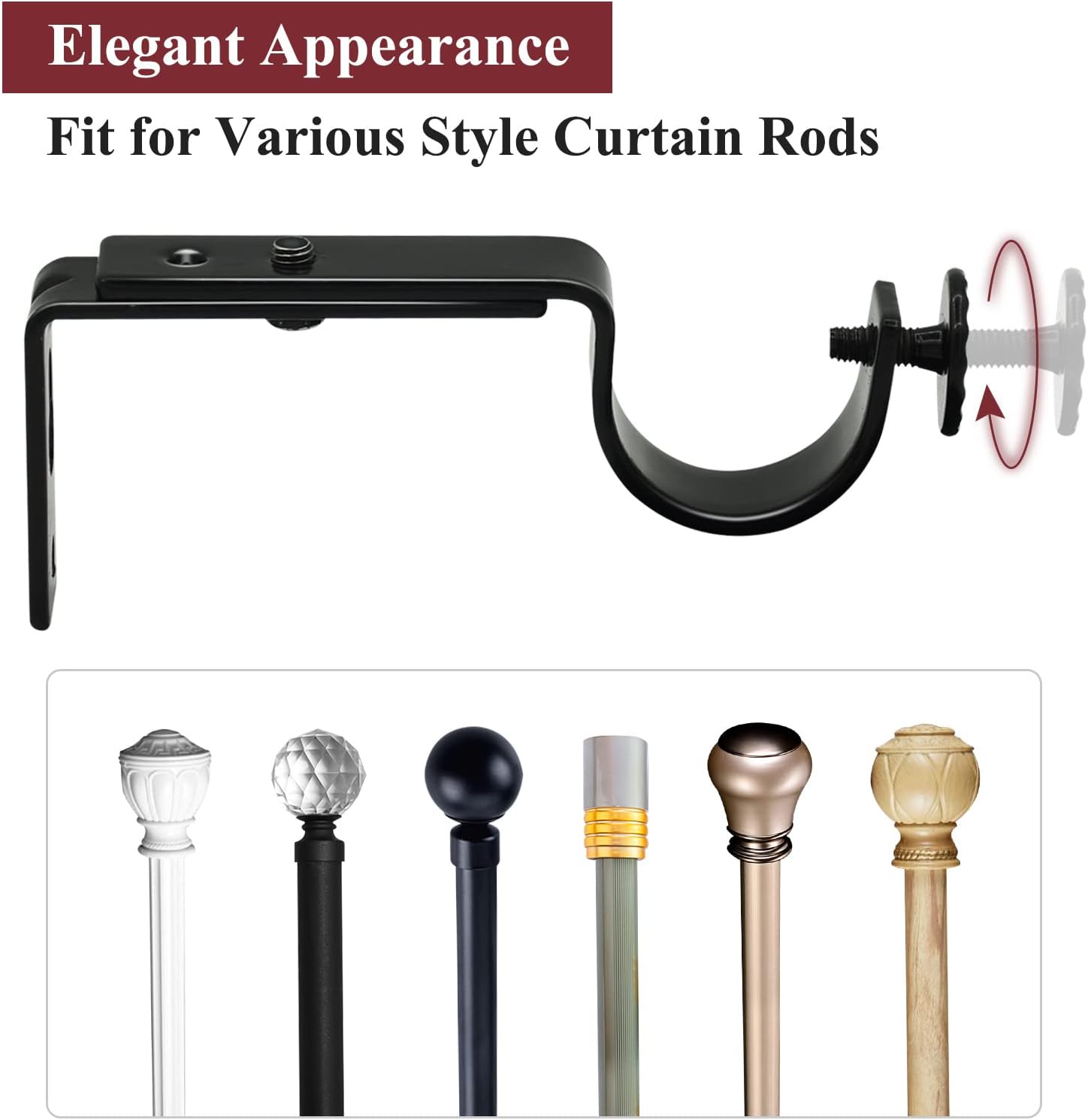 Adjustable Curtain Rod Bracket - 1 Inch Black Heavy Duty Hooks 6 Pack Hardware Extender Drapery Pole Holder V1258-DP02-B-1811