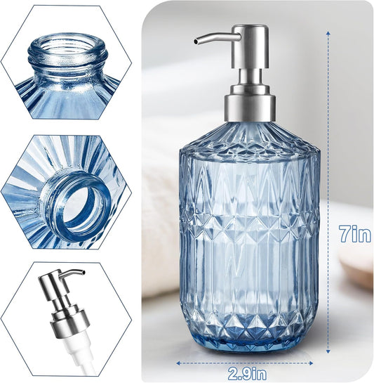 13 Oz Refillable Soap Dispenser, Glass Soap Dispenser for Dispense Hand Soap, Dish Soap, Lotion (Blue) V1258-DP02-B-1820