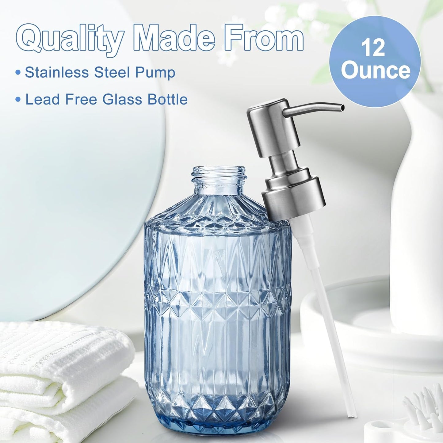 13 Oz Refillable Soap Dispenser, Glass Soap Dispenser for Dispense Hand Soap, Dish Soap, Lotion (Blue) V1258-DP02-B-1820