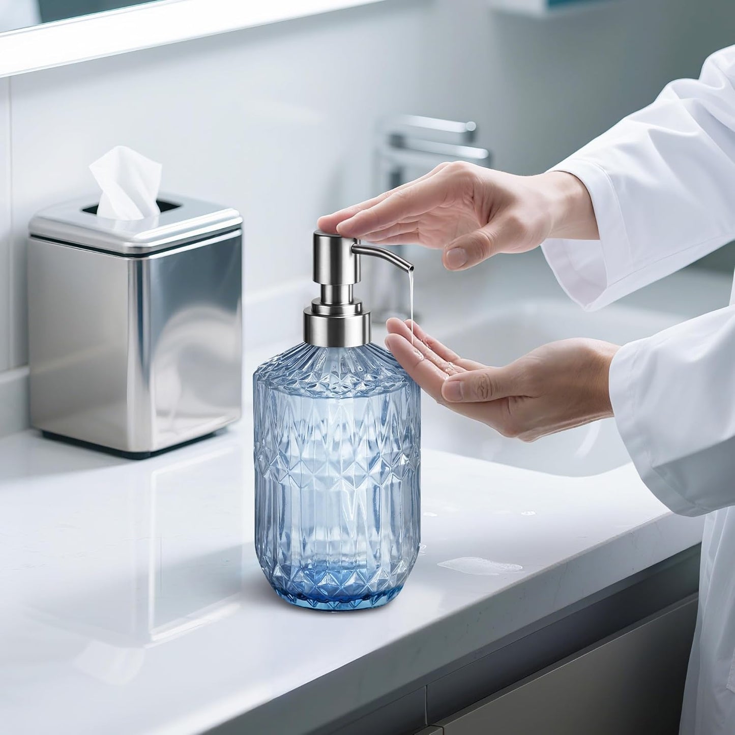 13 Oz Refillable Soap Dispenser, Glass Soap Dispenser for Dispense Hand Soap, Dish Soap, Lotion (Blue) V1258-DP02-B-1820
