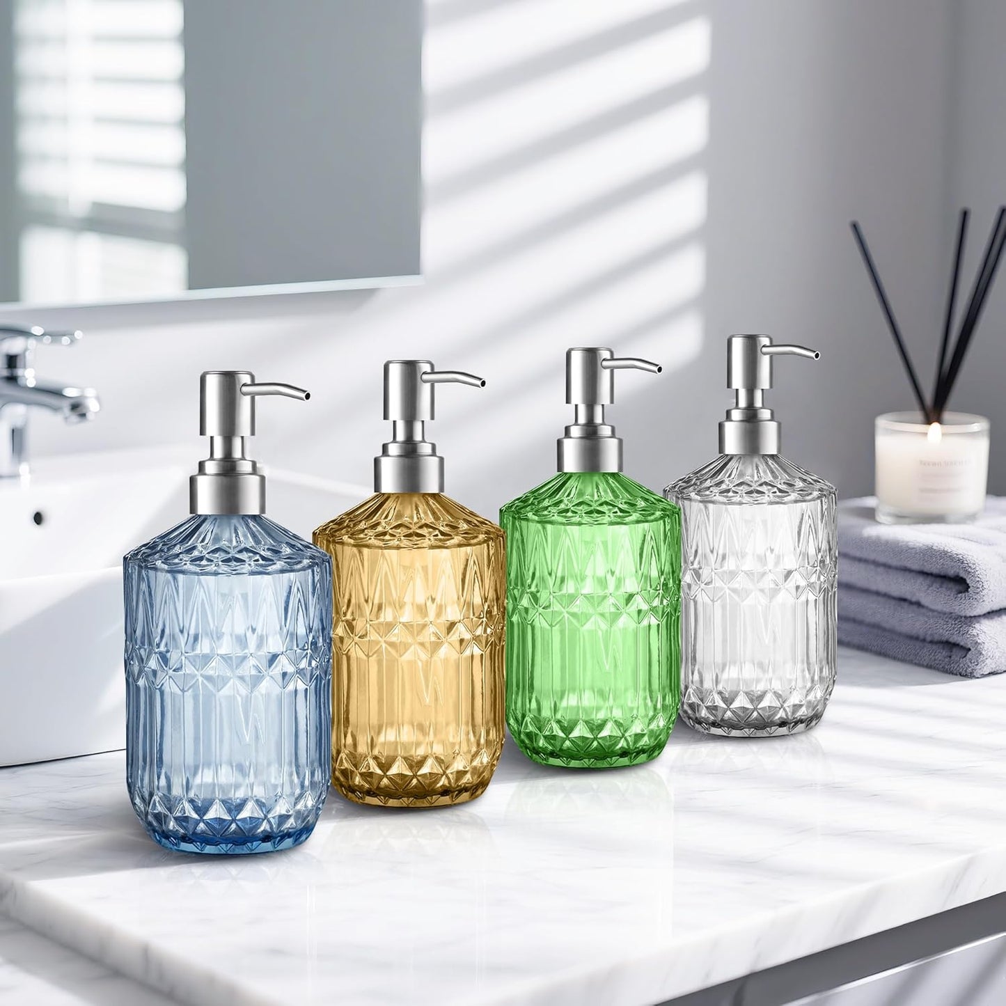13 Oz Refillable Soap Dispenser, Glass Soap Dispenser for Dispense Hand Soap, Dish Soap, Lotion (Blue) V1258-DP02-B-1820