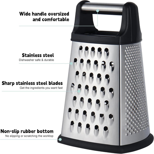 Professional Cheese Grater, 4-Sided Stainless Steel Box Grater, Food Shredder for Cheese, Parmesan, V1258-DP02-B-1823