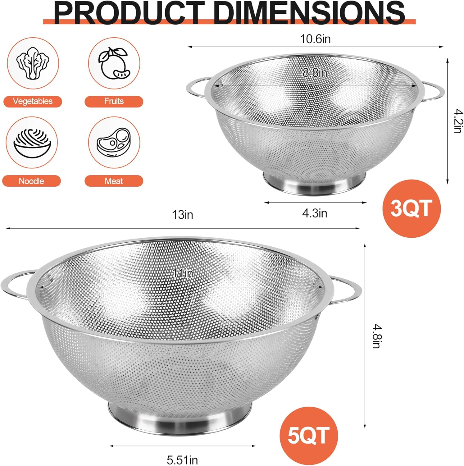 Colander Stainless Steel 3-Quart, Strainer for Kitchen Food, Dishwasher Safe V1258-DP02-B-1826