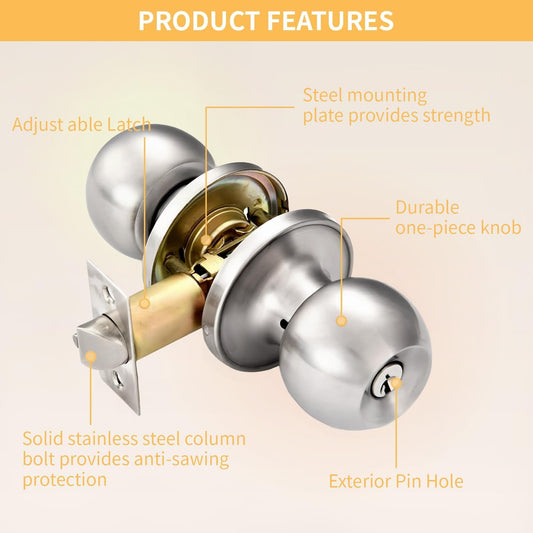 Entry Door Knob with Lock and Keys for Bedroom/Bathroom, Interior/Exterior Door Handle, Indoor/Outdoor V1258-DP02-B-1827