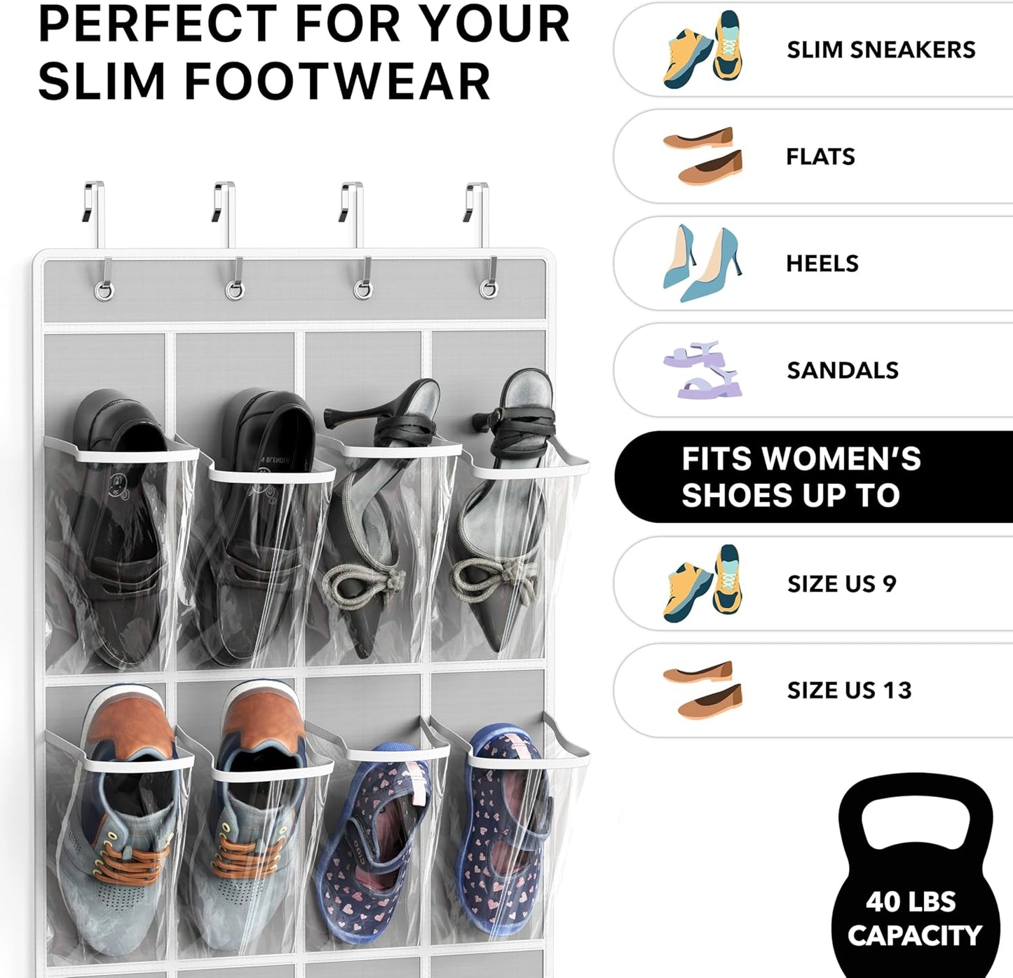 SimpleHouseware Crystal Clear Over The Door Hanging Shoe Organizer, 24 Pockets, Grey (162.6 cm H x 48.6 cm W) V1258-DP02-B-1832